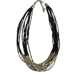 Vintage Multi-Strand Black and Silver Beaded Necklace Adjustable Statement